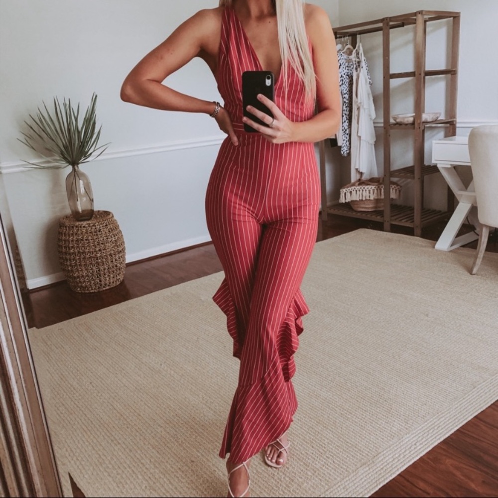 DO & BE Frilly Leg Striped Cross Back Jumpsuit
